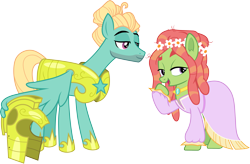 Size: 5145x3372 | Tagged: safe, artist:cloudy glow, artist:frownfactory, edit, imported from derpibooru, tree hugger, zephyr breeze, earth pony, pony, make new friends but keep discord, sparkle's seven, .ai available, armor, clothes, dress, female, floral head wreath, flower, helmet, hoof shoes, jewelry, male, mare, necklace, royal guard, royal guard armor, royal guard zephyr breeze, shipping, simple background, smug, stallion, straight, transparent background, vector, wings, zephyrhugger