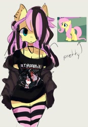 Size: 1656x2375 | Tagged: safe, artist:millie489, imported from derpibooru, fluttershy, anthro, pegasus, breasts, choker, cleavage, clothes, ear piercing, emo, emoshy, female, hair over one eye, my chemical romance, off shoulder, piercing, screencap reference, shirt, smiling, socks, solo, striped legwear, striped socks, t-shirt, thigh highs, zettai ryouiki