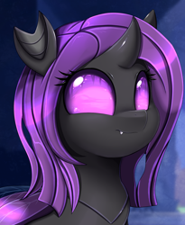 Size: 1446x1764 | Tagged: safe, artist:pridark, imported from derpibooru, oc, oc only, oc:violet rose, changeling, nymph, bust, changeling oc, commission, cute, cute little fangs, fangs, female, filly, foal, portrait, purple, purple changeling, purple eyes, purple mane, smiling, solo