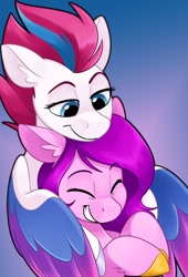 Size: 698x1024 | Tagged: safe, artist:luximus17, imported from derpibooru, pipp petals, zipp storm, pegasus, pony, fanfic:how to hug your pegasis, adorapipp, adorazipp, commission, commissioner:navelcolt, cover art, cuddling, cute, fanfic, fanfic art, female, g5, gradient background, hug, royal sisters (g5), siblings, sisters, winghug, wings