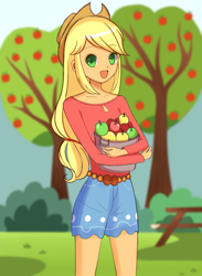 Size: 3000x4096 | Tagged: safe, artist:melonche, imported from derpibooru, applejack, equestria girls, apple, apple tree, boho, bucket, carrying, clothes, female, food, high res, open mouth, open smile, smiling, solo, tree