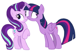 Size: 1280x844 | Tagged: safe, artist:twilyisbestpone, edit, edited screencap, imported from derpibooru, screencap, starlight glimmer, twilight sparkle, alicorn, pony, unicorn, fame and misfortune, season 7, background removed, boop, duo, female, mare, noseboop, not a vector, simple background, transparent background, twilight sparkle (alicorn)