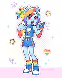 Size: 1638x2048 | Tagged: safe, artist:ponscrossing, imported from derpibooru, rainbow dash, equestria girls, alternate hairstyle, clothes, cute, dashabetes, devil horn (gesture), female, heart, rock on, shoes, shorts, solo, stars