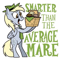 Size: 943x920 | Tagged: safe, artist:mellodillo, imported from derpibooru, derpy hooves, pegasus, pony, basket, bipedal, female, food, hat, mare, muffin, necktie, open mouth, open smile, picnic basket, simple background, smiling, solo, text, that pony sure does love muffins, white background, yogi bear