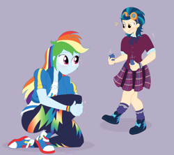 Size: 1800x1596 | Tagged: safe, artist:necrofeline, imported from derpibooru, indigo zap, rainbow dash, pegasus, series:the big run, equestria girls, friendship games, duo, duo female, energy bar, female, gray background, purple background, simple background, weight gain sequence