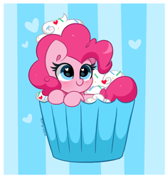 Size: 3600x3808 | Tagged: safe, artist:kittyrosie, imported from derpibooru, part of a set, pinkie pie, earth pony, pony, abstract background, blushing, cupcake, cupcake pony, cute, diapinkes, female, food, heart, heart eyes, high res, mare, simple background, smiling, solo, sprinkles