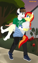 Size: 4336x7055 | Tagged: safe, artist:firepone, imported from derpibooru, oc, oc:jonas fletcher, oc:kerosene wildfire, anthro, earth pony, pegasus, plantigrade anthro, barefoot, braided ponytail, bridal carry, carrying, clothes, coat markings, cute, feet, female, flower, looking at each other, looking at someone, male, nurse, nurse outfit, nylon, oc x oc, romantic, shipping, sidewalk, skirt, socks, socks (coat markings), stocking feet, stockings, straight, sunset, thigh highs, tree