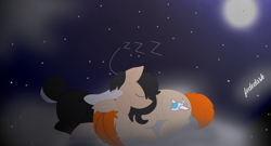 Size: 7572x4080 | Tagged: safe, artist:fededash, imported from derpibooru, oc, oc only, oc:fededash, oc:pandauwu, pegasus, pony, cloud, cute, duo, eyes closed, feathered wings, folded wings, moon, night, on a cloud, outdoors, pegasus oc, sky, sleeping, sleeping on a cloud, smiling, stars, wings, zzz