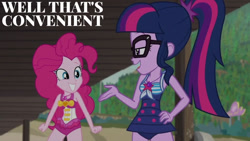 Size: 1280x720 | Tagged: safe, edit, edited screencap, editor:quoterific, imported from derpibooru, screencap, pinkie pie, sci-twi, twilight sparkle, equestria girls, equestria girls series, x marks the spot, bare shoulders, beach, best friends, clothes, duo, duo female, female, geode of sugar bombs, geode of telekinesis, glasses, grin, hand on hip, jewelry, magical geodes, necklace, one-piece swimsuit, open mouth, open smile, pinkie pie swimsuit, ponytail, sci-twi swimsuit, sleeveless, smiling, swimsuit, talking, text