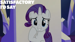 Size: 1280x720 | Tagged: safe, edit, edited screencap, editor:quoterific, imported from derpibooru, screencap, rarity, pony, unicorn, party pooped, season 5, female, grin, mare, smiling, solo, text, twilight's castle