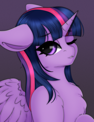 Size: 1524x1976 | Tagged: safe, artist:munrei, imported from derpibooru, twilight sparkle, alicorn, pony, chest fluff, female, horn, one eye closed, simple background, solo, twilight sparkle (alicorn), wings