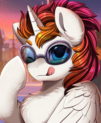 Size: 1446x1764 | Tagged: safe, artist:pridark, imported from derpibooru, oc, oc only, oc:amplitude, alicorn, pony, :p, alicorn oc, bust, chest fluff, commission, cute, glasses, horn, ocbetes, portrait, smiling, solo, tongue out, wings