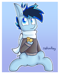 Size: 995x1230 | Tagged: safe, artist:nehmkey, imported from derpibooru, oc, oc:snuggle sparkle pony, pegasus, pony, clothes, male, scarf, solo