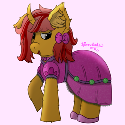 Size: 2000x2000 | Tagged: safe, artist:spiroudada, imported from derpibooru, oc, oc only, oc:dolly hooves, oc:silk glove, pony, unicorn, clothes, crossdressing, cute, dress, embarrassed, male, pink, ponysona, ribbon, shoes, simple background, smiling, solo, stallion
