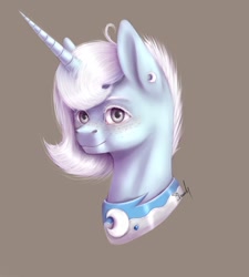 Size: 1900x2111 | Tagged: safe, artist:inarimayer, imported from derpibooru, oc, oc only, pony, unicorn, brown background, ear piercing, horn, peytral, piercing, simple background, solo, unicorn oc