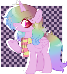 Size: 2017x2235 | Tagged: safe, artist:stormcloud-yt, imported from derpibooru, oc, oc only, alicorn, pony, alicorn oc, base used, clothes, eyelashes, horn, raised hoof, scarf, simple background, smiling, solo, striped scarf, transparent background, underhoof, wings