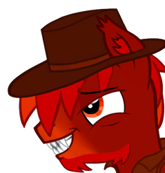 Size: 2100x2200 | Tagged: safe, artist:firehearttheinferno, imported from derpibooru, oc, oc only, oc:lance longmane, pegasus, fallout equestria, beard, blaze (coat marking), clothes, coat markings, cowboy hat, coy, digital art, ear fluff, ear tufts, facial hair, facial markings, fallout equestria: equestria the beautiful, fangs, goatee, grin, hat, jacket, leather jacket, male, messy mane, orange eyes, orange mane, pegasus oc, red mane, sharp teeth, simple background, smiling, smirk, solo, stallion, teeth, transparent background, vest