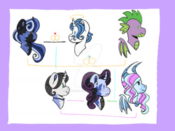 Size: 1280x960 | Tagged: safe, artist:rose-moonlightowo, imported from derpibooru, fancypants, rarity, spike, oc, oc:lilienthal emerald, oc:porcelain dollface, oc:wendy, dracony, hybrid, pony, unicorn, alternate design, base used, dead, deviantart watermark, family tree, female, halo, interspecies offspring, male, obtrusive watermark, offspring, older, older spike, parent:fancypants, parent:rarity, parent:spike, parents:raripants, parents:sparity, raripants, shipping, sparity, straight, watermark