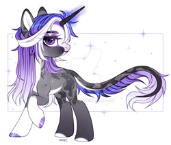 Size: 1024x868 | Tagged: safe, artist:miioko, imported from derpibooru, oc, oc only, pony, unicorn, deviantart watermark, eyelashes, female, glowing, glowing horn, hoof polish, horn, mare, obtrusive watermark, raised hoof, simple background, smiling, solo, unicorn oc, watermark, white background