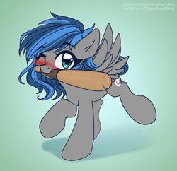Size: 1000x968 | Tagged: safe, artist:chaosangeldesu, imported from derpibooru, oc, oc only, oc:bibbo, pegasus, pony, baseball bat, blushing, cute, eyebrows, eyebrows visible through hair, female, full body, hooves, mare, mouth hold, one eye closed, pegasus oc, shadow, sketch, smiling, solo, spread wings, two toned mane, wings, wink