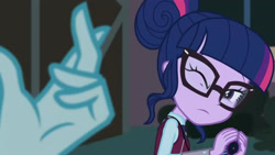 Size: 3410x1920 | Tagged: safe, imported from derpibooru, screencap, principal abacus cinch, sci-twi, twilight sparkle, equestria girls, friendship games, canterlot high, female, glasses, high res, magic capture device, offscreen character, one eye closed, solo focus, unleash the magic