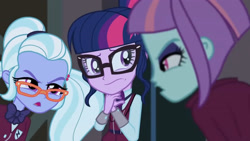 Size: 3410x1920 | Tagged: safe, imported from derpibooru, screencap, sci-twi, sugarcoat, sunny flare, twilight sparkle, equestria girls, friendship games, canterlot high, female, glasses, high res, magic capture device, open mouth, trio, trio female, unleash the magic