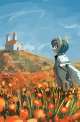 Size: 3587x5425 | Tagged: safe, artist:龙宠, imported from derpibooru, oc, oc only, oc:star shadow, pony, unicorn, absurd resolution, astronaut, building, flower, hill, horn, looking at something, meadow, sky, solo, spacesuit, unicorn oc