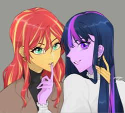 Size: 1000x900 | Tagged: safe, artist:extraluna, imported from derpibooru, sunset shimmer, twilight sparkle, equestria girls, beautiful, clothes, ear piercing, earring, female, finger, jewelry, lesbian, piercing, shipping, simple background, sunsetsparkle