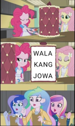 Size: 354x600 | Tagged: safe, artist:decokenite, edit, edited screencap, imported from derpibooru, screencap, fluttershy, princess cadance, princess celestia, princess luna, equestria girls, friendship games, cake, dean cadance, exploitable meme, filipino, food, inside the cake meme, meme, philippines, principal celestia, shocked, shocked expression, smiling, smirk, tagalog, vice principal luna, wala kang jowa