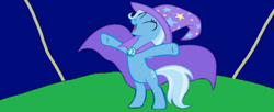 Size: 1280x523 | Tagged: safe, artist:disneyponyfan, imported from derpibooru, trixie, pony, unicorn, ^^, bipedal, cape, clothes, eyes closed, female, full body, hat, hooves, mare, open mouth, open smile, smiling, solo, standing, tail, trixie's cape, trixie's hat, two toned tail