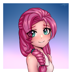 Size: 3000x3000 | Tagged: safe, artist:setharu, imported from derpibooru, sunny starscout, human, anime, blushing, bust, cute, eye clipping through hair, eyebrows, eyebrows visible through hair, female, g5, gradient background, hair over one eye, humanized, looking at you, passepartout, portrait, simple background, smiling, smiling at you, solo, sunnybetes