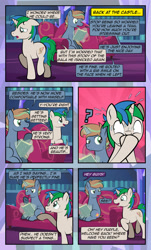 Size: 1920x3169 | Tagged: safe, artist:alexdti, imported from derpibooru, oc, oc only, oc:brainstorm (alexdti), oc:star logic, pony, unicorn, comic:quest for friendship, book, bookshelf, comic, couch, dialogue, ears back, glowing, glowing horn, high res, hoof over mouth, hooves, horn, lidded eyes, looking at someone, magic, male, offscreen character, open mouth, open smile, puffy cheeks, question mark, raised eyebrow, raised hoof, raised leg, shadow, shrunken pupils, sitting, smiling, speech bubble, stallion, sweat, sweatdrops, sweating profusely, tail, telekinesis, twilight's castle, two toned mane, two toned tail, unicorn oc