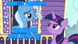 Size: 1280x720 | Tagged: safe, edit, edited screencap, imported from derpibooru, screencap, trixie, twilight sparkle, alicorn, to where and back again, female, lesbian, shipping, text, trixie's wagon, twilight sparkle (alicorn), twixie, wagon