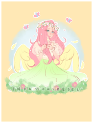 Size: 1900x2500 | Tagged: safe, artist:infamousrebel, imported from derpibooru, fluttershy, butterfly, human, pegasus, blushing, clothes, cottagecore, cute, dress, eye clipping through hair, eyebrows, feather, floral head wreath, flower, flower in hair, gloves, grass, humanized, makeup, pastel, pegasus wings, pink hair, shy, simple background, sketch, solo, wings, yellow background