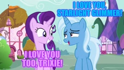 Size: 1280x720 | Tagged: safe, edit, edited screencap, imported from derpibooru, screencap, starlight glimmer, trixie, no second prances, female, lesbian, shipping, startrix, text