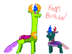 Size: 2048x1536 | Tagged: safe, artist:mlphero, imported from derpibooru, pharynx, thorax, changedling, changeling, birthday, duo, gift art, king thorax, long neck, necc, prince pharynx, simple background, white background