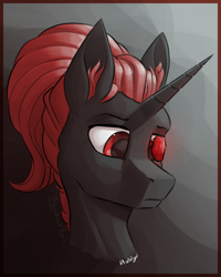 Size: 2000x2500 | Tagged: safe, artist:stardustspix, imported from derpibooru, oc, oc only, oc:protege, pony, unicorn, fallout equestria, fallout equestria: murky number seven, bust, ear fluff, fanfic art, horn, male, ponytail, red and black oc, solo, stallion