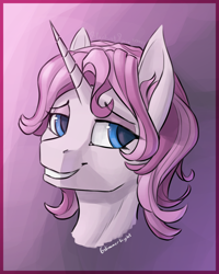 Size: 2000x2500 | Tagged: safe, artist:stardustspix, imported from derpibooru, oc, oc only, oc:glimmerlight, pony, unicorn, fallout equestria, fallout equestria: murky number seven, bust, ear fluff, fanfic art, female, horn, mare, smiling, solo