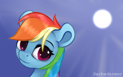 Size: 4096x2548 | Tagged: safe, artist:darbedarmoc, imported from derpibooru, rainbow dash, pegasus, pony, day, female, looking at you, mare, multicolored hair, rainbow hair, solo, sun