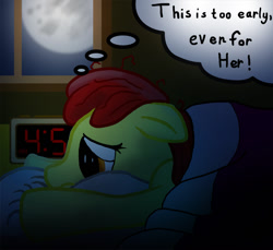 Size: 800x733 | Tagged: safe, artist:metalponyfan, imported from derpibooru, apple bloom, earth pony, pony, bed, clock, digital clock, early, in bed, moon, solo, thought bubble, waking up, window