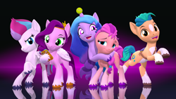 Size: 3840x2160 | Tagged: safe, artist:owlpirate, imported from derpibooru, hitch trailblazer, izzy moonbow, pipp petals, sunny starscout, zipp storm, earth pony, pegasus, pony, unicorn, 3d, ball, female, g4, g5, g5 to g4, high res, hug, izzy's tennis ball, looking at you, male, mane five (g5), mare, open mouth, open smile, phone, raised hoof, rearing, smiling, smiling at you, source filmmaker, stallion, tennis ball