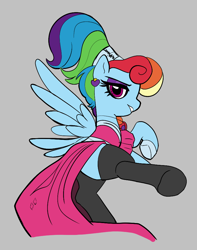 Size: 730x928 | Tagged: artist needed, safe, imported from derpibooru, rainbow dash, pegasus, pony, aggie.io, alternate hairstyle, clothes, dress, female, frown, gray background, looking back, mare, megaradash, raised hoof, simple background, socks, solo, spread wings, wings