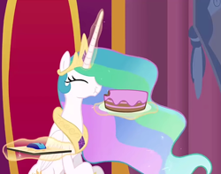 Size: 912x719 | Tagged: safe, artist:whitehawke, imported from derpibooru, princess celestia, alicorn, pony, cake, cakelestia, eating, eyes closed, food, magic, mousepad, youtube link