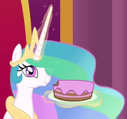 Size: 564x525 | Tagged: safe, artist:whitehawke, imported from derpibooru, princess celestia, alicorn, pony, cake, cakelestia, eating, food, magic, youtube link