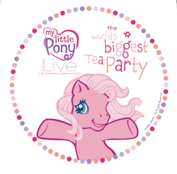 Size: 497x492 | Tagged: safe, imported from derpibooru, pinkie pie (g3), earth pony, pony, my little pony live, bipedal, circle, g3, half body, logo, official, pose, simple background, solo, text, the world's biggest tea party, transparent background, vector, waving