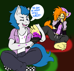 Size: 2136x2040 | Tagged: safe, artist:specklebrush, imported from derpibooru, oc, oc only, oc:dreamy daze, oc:speckle brush, anthro, plantigrade anthro, ass, butt, feet, fetish, foot fetish, foot tickling, male, male feet, paint, paintbrush, painting, tickling