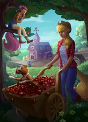 Size: 1225x1701 | Tagged: safe, artist:victormodaa, imported from derpibooru, apple bloom, applejack, winona, human, apple, apple in mouth, apple tree, elf ears, food, humanized, sweet apple acres, sweet apple acres barn, tail, tailed humanization, tree, tree branch, uncanny valley