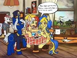 Size: 3200x2400 | Tagged: safe, artist:minka, imported from derpibooru, oc, oc:europa, oc:poland, oc:ukraine, earth pony, pegasus, pony, unicorn, anonymous, current events, europe, flag, furniture, helping, high res, nation ponies, poland, polish, politics, ponified, rainbow, rambo, swearing, tank (vehicle), tractor, translated in the comments, translated in the description, ukraine, united states, verka serdushka, vulgar