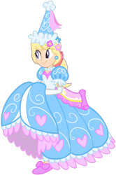 Size: 1037x1566 | Tagged: safe, artist:boogeyboy1, artist:trinityinyang, imported from derpibooru, megan williams, equestria girls, look before you sleep, clothes, dress, dress up, female, froufrou glittery lacy outfit, gloves, gown, happy, hennin, long gloves, long hair, looking at someone, looking at something, princess, simple background, skirt, skirt lift, smiling, solo, tied hair, transparent background, walking