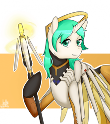 Size: 700x789 | Tagged: safe, artist:lollydoom, imported from derpibooru, oc, oc only, oc:morning mint, pony, unicorn, clothes, commission, cosplay, costume, female, horn, looking at you, mercy, overwatch, signature, smiling, smiling at you, solo, unicorn oc, ych result